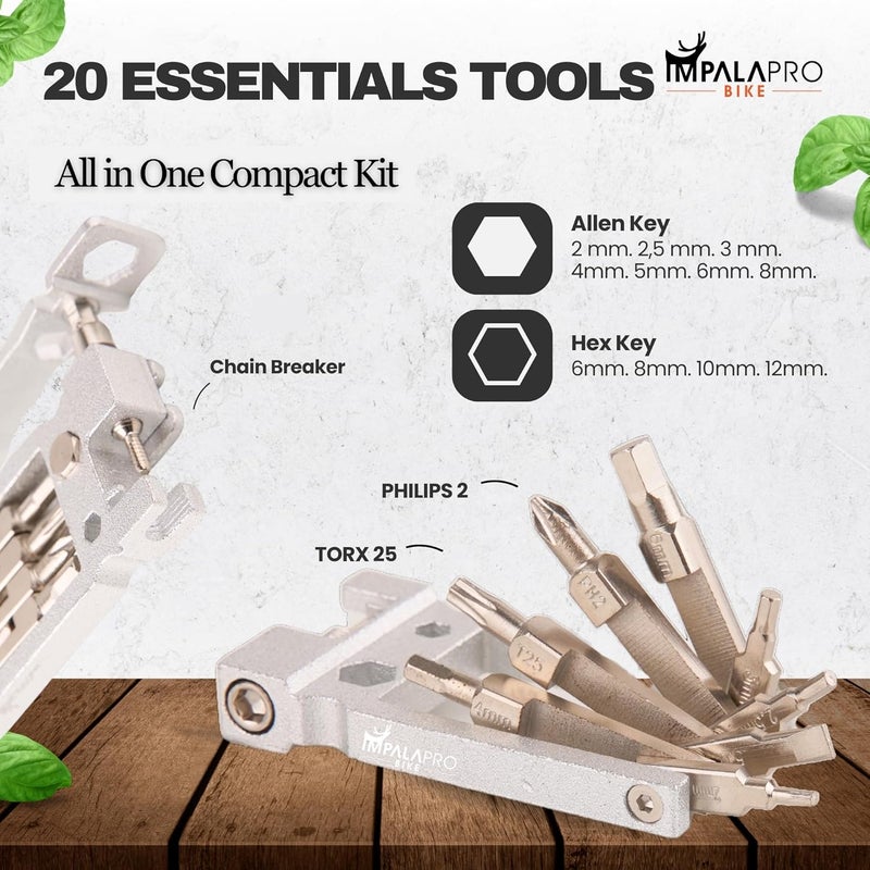 IMPALAPRO Bike Tool Kit Portable 20 in 1 Compact and Lightweight (117.5g) Chrome-Vanadium (CRV) - Bike Multitool with Chain Breaker - MTB Multitool - Bike Repair Tools (Silver) - Image 3
